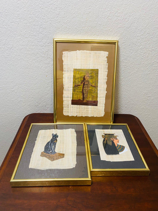 Beautiful Three Authentic Papyrus Artwork of Ancient Egyptian Style-Framed in a Beautiful Golden Metal Structure.