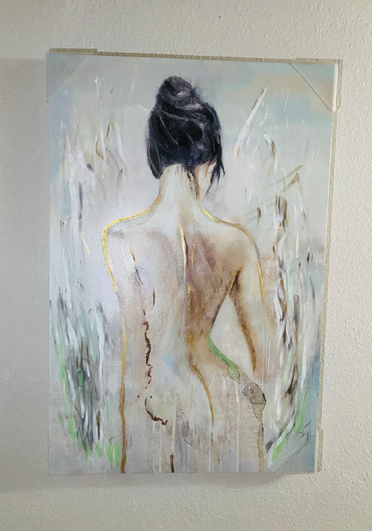 Beautiful Vintage Nude Woman Enhanced Print with Gold and Silver Radish Painting Accents 36 x 25 in